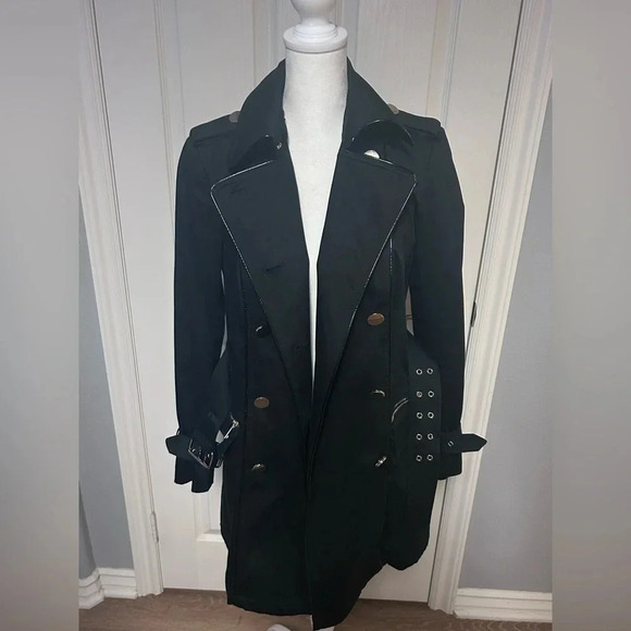 🖤”Guess” Women’s Black Mid Length Military Style Belted Jacket Size XS💛 - Picture 3 of 16